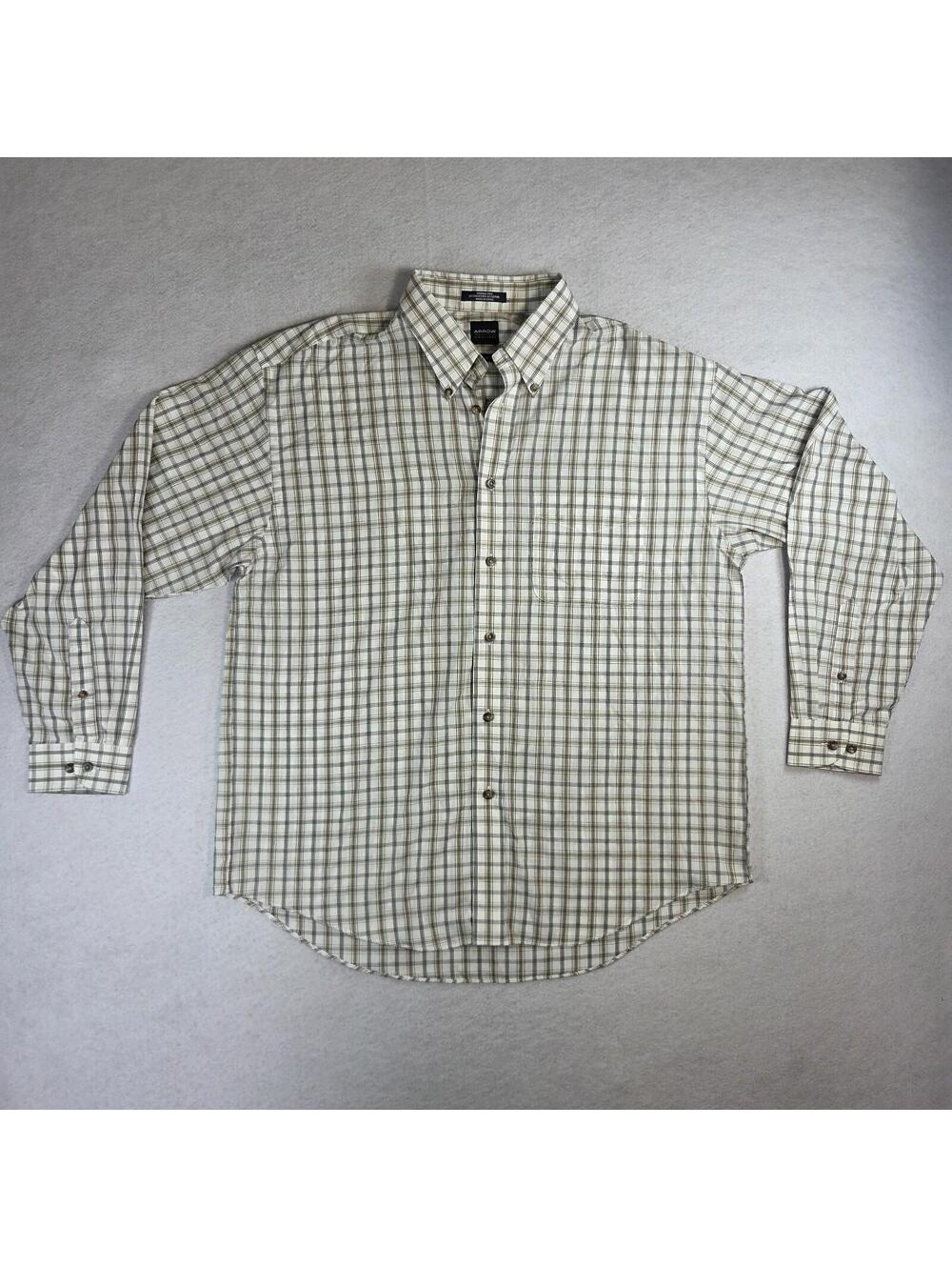 Vtg Arrow USA Casual Button Down L 16 - 16 1/2 Long Sleeve Plaid Wrinkle Free